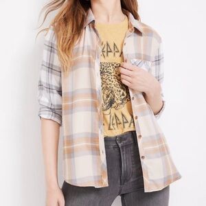 Tan & Grey Plaid Long Sleeve Button Down Shirt